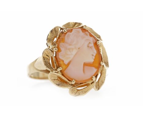 NINE CARAT GOLD CAMEO RING
set with a shell cameo depicting a female in profile facing right 12mm high, size M, 2.6g