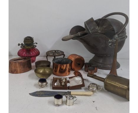 Mixed metalware to include two silver plated condiments, 47.2 grams excluding liners, a brass salter clockwork rotisserie, an