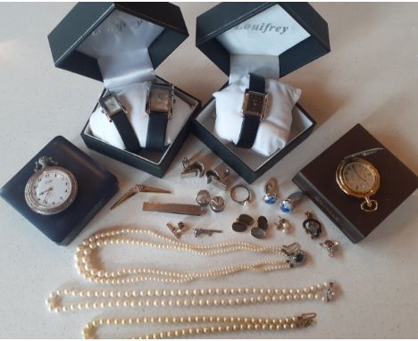 Three Louifrey wristwatches in original boxes, 2 modern pocket watches, a silver and pearl ring, a vintage enamelled Royal Br