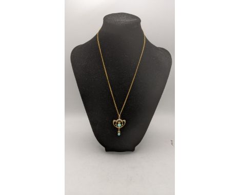 An Edwardian 15ct gold opal and pearl pendant, 2.6g on a 9ct gold necklace, 2.8gLocation:If there is no condition report show