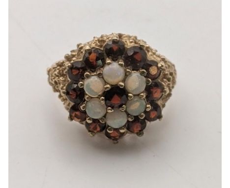 A 9ct gold opal and garnet cluster ring size N ½ 6.4gLocation:If there is no condition report shown, please request 