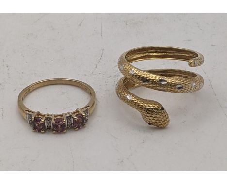 A 9ct gold unusual textured spiral ring fashioned as a snake, size S, 4.2g together with a 10k gold ring set with pink and wh