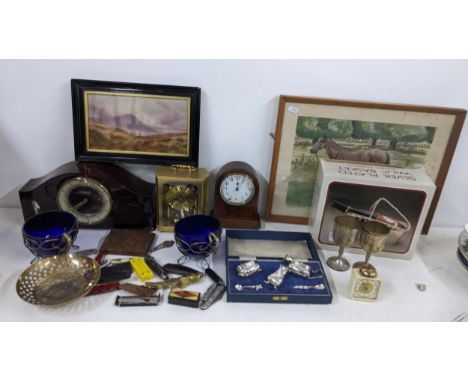 A mixed lot to include a 19th century horn snuff box, penknives, clocks and other items Location:If there is no condition rep