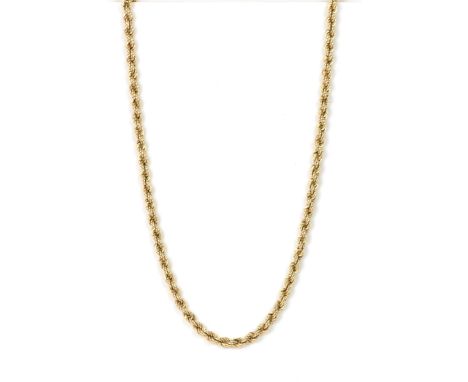 A 9ct yellow gold rope twist necklace, having a spring ring clasp, stamped 375, 63cm, 14.1 gramsLocation:CAB2If there is no c