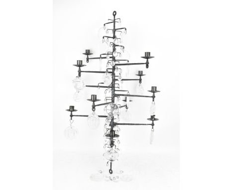 A black painted metal and glass chandelier by Erik Hoglund for Boda, model 341, designed 1950s, this example a later producti