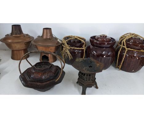 A mixed lot to include two Chinese copper cooking pots, a treen rice pot, lantern and other itemsLocation: If there is no con