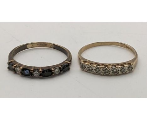Two 9ct gold ladies rings to include a 7 stone diamond ring along with a diamond and blue sapphire ring, total weight 4gLocat