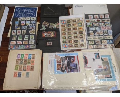 Stamps - a collection of First Day covers, mostly relating to the Royal Family, along with other loose pages from albums, and
