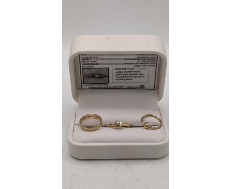 Three rings to include a 14ct gold and diamond solitaire ring size O 1.9g, together with two 9ct gold rings, 3.4gLocation:If 