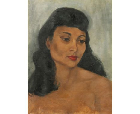 20th Century, Head and shoulders portrait of a young woman with dark hair, oil on canvas, 18.75" x 14.5".