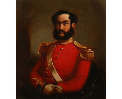 19th Century English School, A half-length portrait of military officer, oil on board, in a walnut frame, 13" x 11.5".