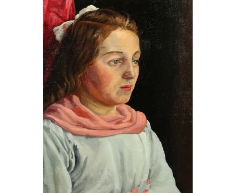 20th Century School, A portrait of a lady in a pink scarf, oil on canvas laid down, 20" x 16".