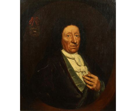 17th/18th Century, possibly Continental, A half-length portrait of a gentleman with three fish on a coat of arms, oil on canv