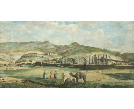 'First View of Persepolis' an antique hand-coloured engraving, 11" x 21".
