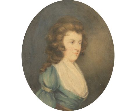 Manner of Hoppner, Bust length portrait of a lady, watercolour, 11.5" x 9.75", in a carved hard wood frame.