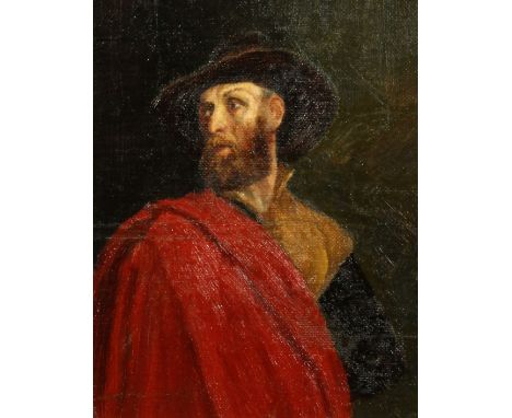 19th/20th Century English School, A portrait of a gentleman with a red cloak, oil on canvas laid down, 10" x 8", and another 