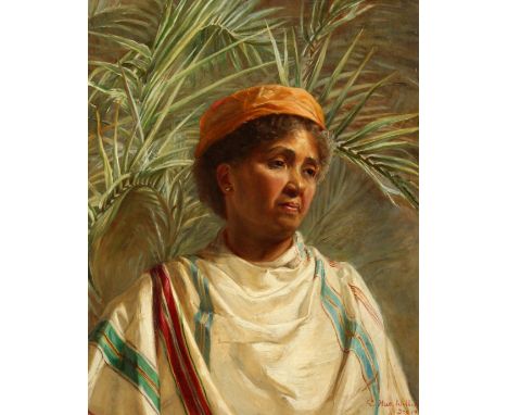 E. Hue Willams, Portrait of a North African lady, oil on canvas, signed and dated Dec 1907, 15.75" x 13".