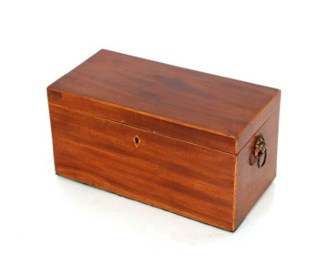 A 19th Century mahogany and boxwood strung twin compartment tea caddy, flanked by lion mask handles, mixing bowl AF, 30cm&nbs