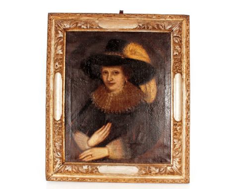 Circle of Federigo Zucchero, portrait study of a noble lady with ostrich feather plume hat and lace ruff, unsigned oil on can