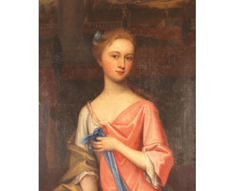 18th Century school portrait study in the style of Thomas Gainsborough, young lady in pink dress and blue sash"&nbsp; country