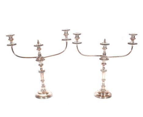 A pair of 19th Century plated three branch candelabra, 48cm high&nbsp;