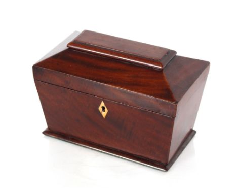 A Victorian&nbsp; mahogany sarcophagus shaped two division tea caddy; and a small rosewood rectangular example (2)