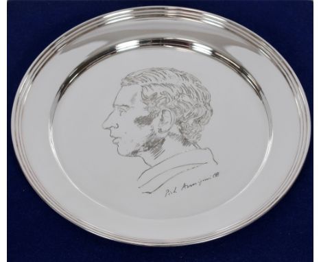 The Prince Charles plate, by Heritage Club London Ltd. the silver plate displaying the portrait of the Prince by Annigoni, li