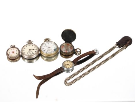A continental white metal cased ladies fob watch; a gent's plated fob watch decorated vintage cyclist to reverse; another poc