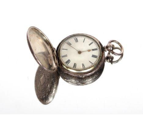 A late Victorian silver fob watch with foliate engraved case and vacant cartouche, the circular white enamel dial with Roman 