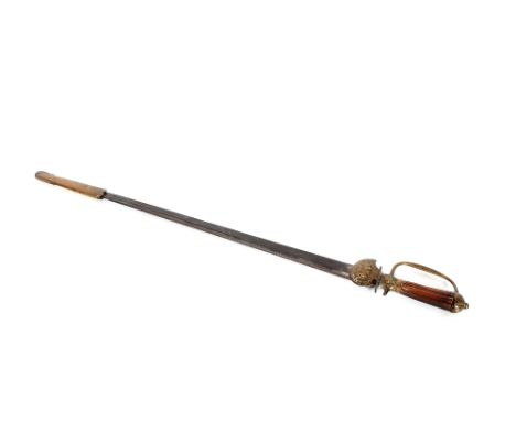 An antique sword, single edge, brass guard and horn handle (scabbard missing but tip remains) 68cm long 