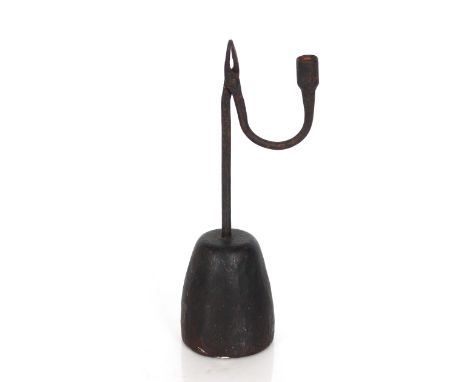 A rare 18th Century wrought iron rush light and candle holder with domed fruit wood base, 27cm high&nbsp;