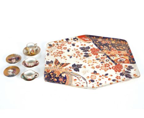A Ridgways "Old Derby" pattern porcelain tray; three miniature porcelain cups and saucers and a pair of continental porcelain