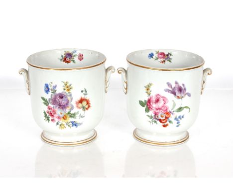 A pair of Dresden style floral decorated jardinières, 18cm dia. x 20cm high&nbsp;