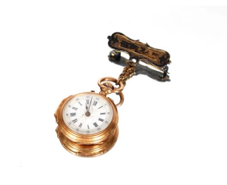 A small metal fob watch; a small gold fob watch with white enamel dial; a perfume bottle and a powder spray (4)