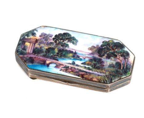 A small continental silver gilt and enamel decorated box, the hinged lid with Continental lake scene, engine turned decoratio