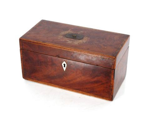 A Georgian mahogany and satinwood banded three compartment tea caddy, 30cm&nbsp;