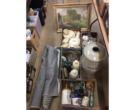 Four boxes of assorted including Clarice Cliff dinner service, a ceramic barrel etc.