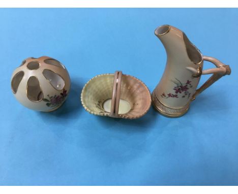 A Royal Worcester ewer, pot pourri and a basket (3)