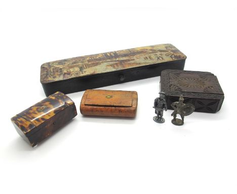 An Early XIX Century Tortoiseshell Box, with white enamel bun feet, 6.5cm long; A Carved Rectangular Box, with sliding cover,