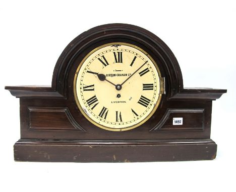 A Late XIX Century Mahogany Cased Mantel Clock, the architectural shaped rectangular case with cream enamel dial, inscribed "