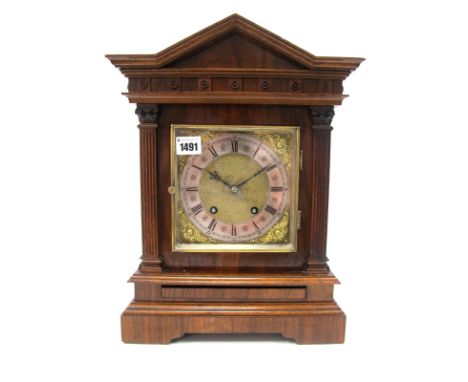 A Late XIX Century German Lenzkirch Mahogany Cased Mantel Clock, of architectural rectangular form, the brass dial with silve