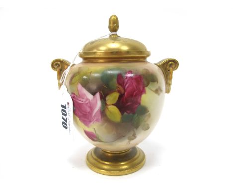 A Royal Worcester Porcelain Two Handled Ovoid Vase and Cover, painted with pink roses, pattern number 2712, date code for 192