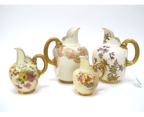 Four Royal Worcester Porcelain Flat Handled Jugs, the blush and old ivory grounds printed and painted with floral sprays, gil