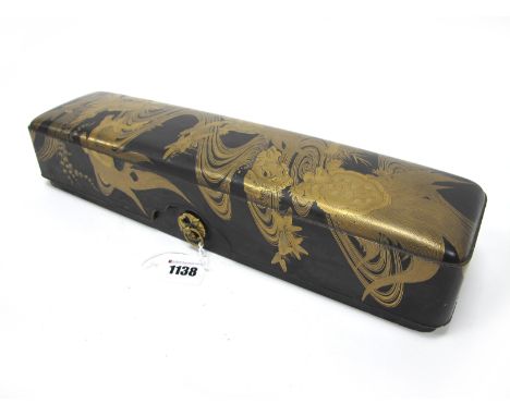 A Japanese Late XIX Century Rectangular Lacquer Glove Box, with ring handles, decorated in gilt with mythological beasts amon