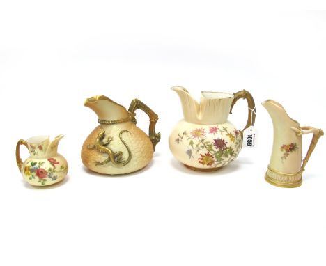 A Royal Worcester Porcelain Basketwork Blush Ivory Jug, applied with a lizard, shape number 1714, date code for 1917, 15cm hi
