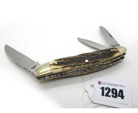 A Stan Shaw Three Blade Wharncliffe Whittler, with stag scales, 10cm long.