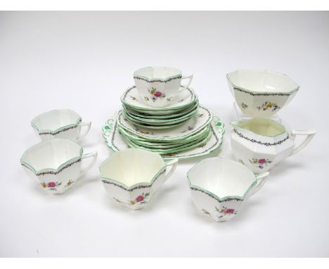 A Shelley Porcelain Part Tea Service, of Queen Anne shape, printed and painted with floral sprays within scrolling border, pr