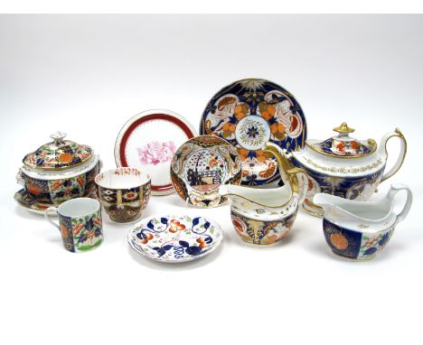 A Quantity of XIX Century Imari Pattern Porcelain Tea Wares, to include a teapot, cover and stand, side plate, sucrier and co