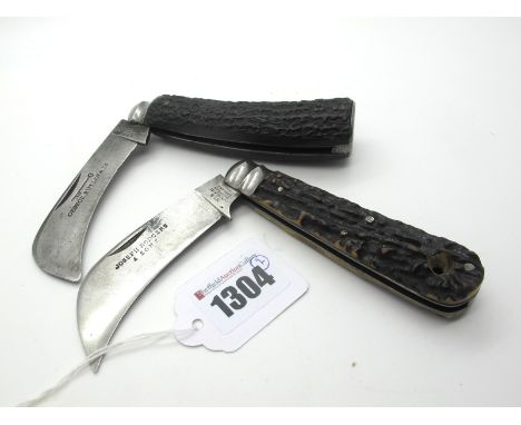 A George Butler, Sheffield Gardener's Knife, with stag scales, 11cm long; A Similar Joseph Rodgers, Sheffield Example. (2)