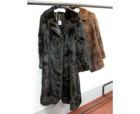 A Full Length Dark Brown Mink Coat, with hook fastening and double breasted button appearance; a red brown squirrel fur jacke